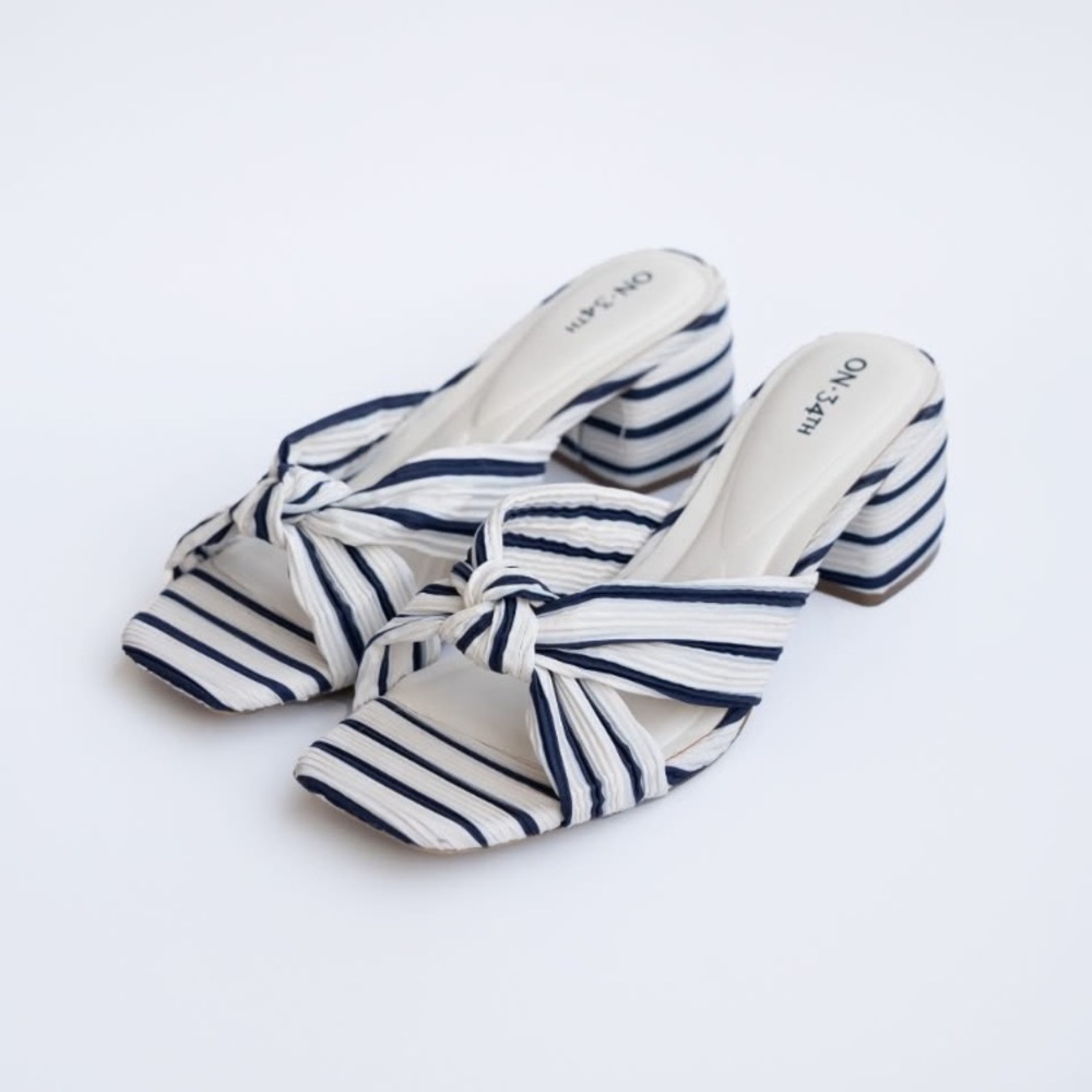 On 34th Striped Navy & White Bow Detailed Textured Fabric Heels- Size 10 - NWT